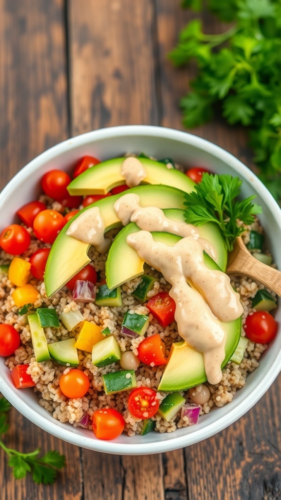 A colorful quinoa bowl with vegetables and tahini dressing, garnished with parsley on a rustic table.